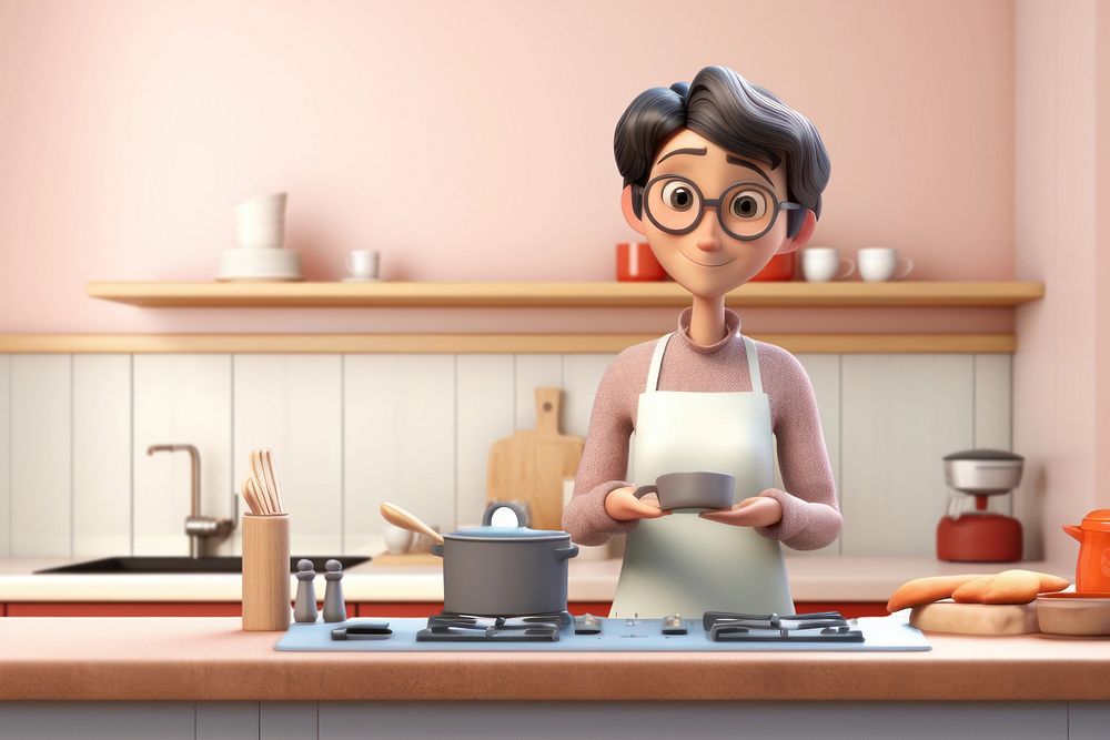 3D man cooking in a kitchen illustration