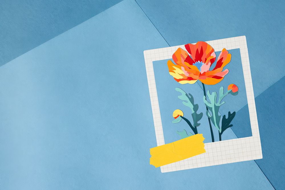 Flower blue background, paper craft illustration
