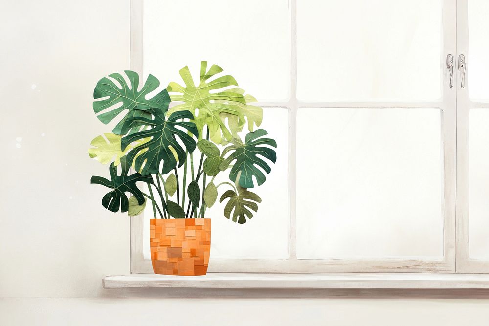 Monstera houseplant near window craft illustration