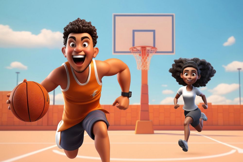 3D couple playing basketball illustration