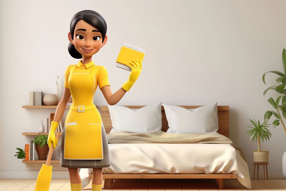 3D housekeeper in bedroom illustration