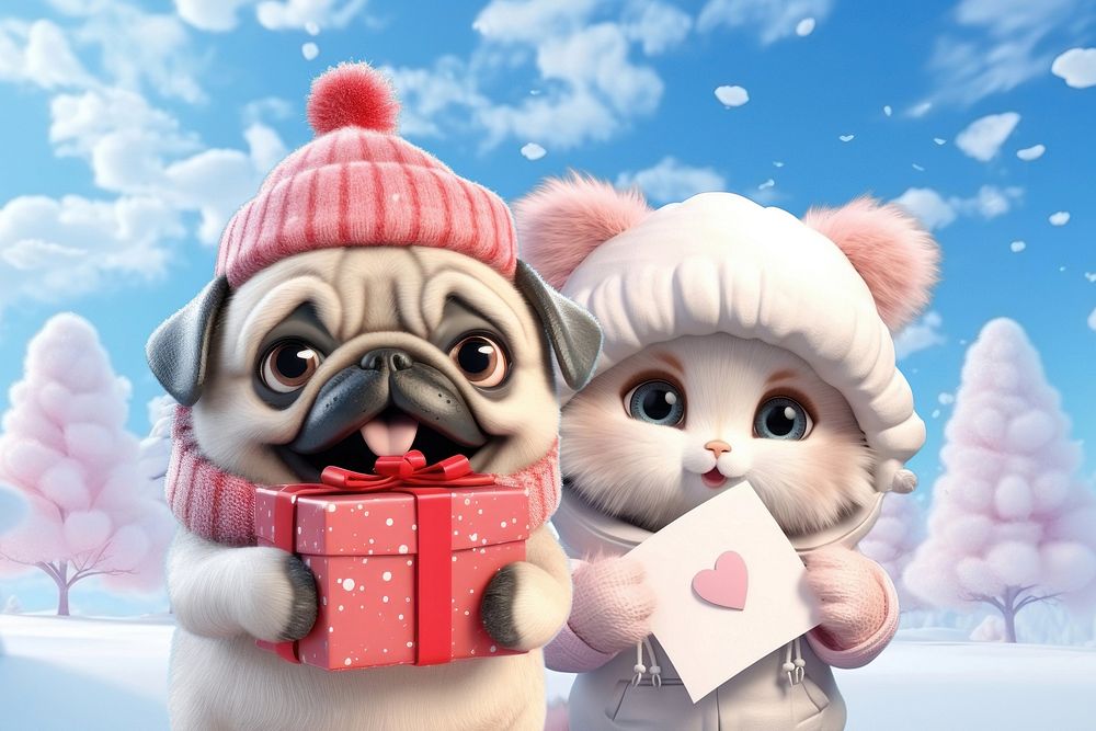 3D dog & cat in winter character illustration