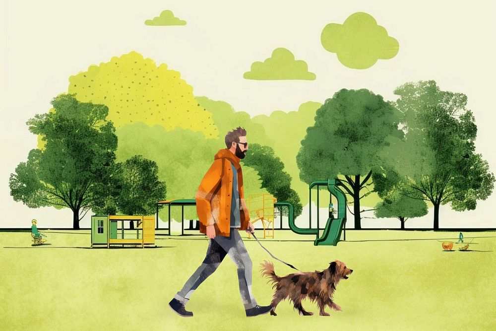  Man walking dog in park  illustration