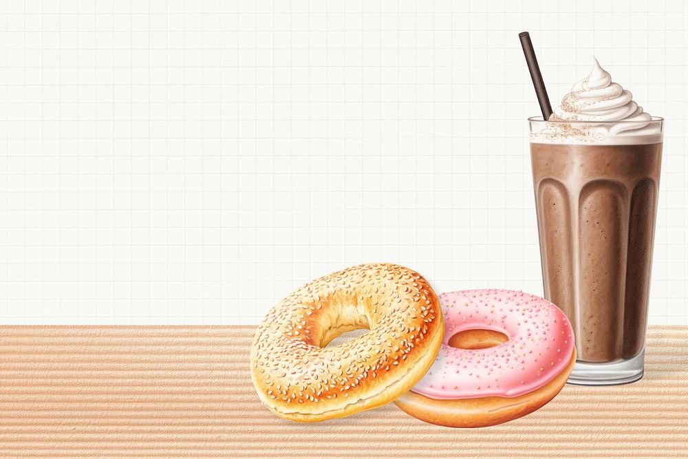 Frapp&eacute; coffee donut illustration background, dessert digital art