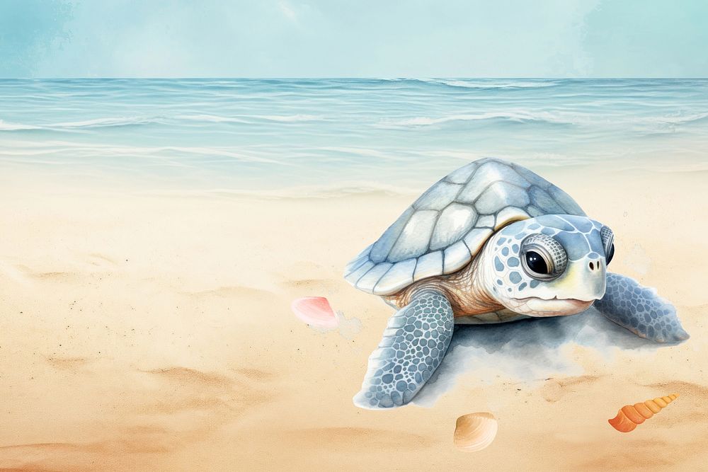 Sea turtle on beach illustration background, digital art