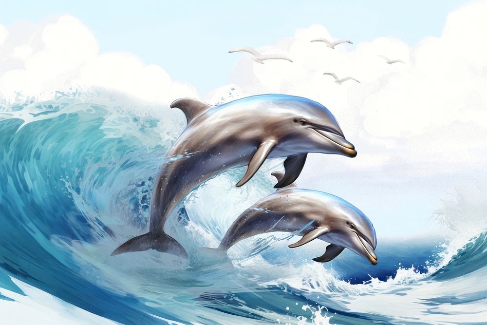 Dolphins surf waves illustration, digital art