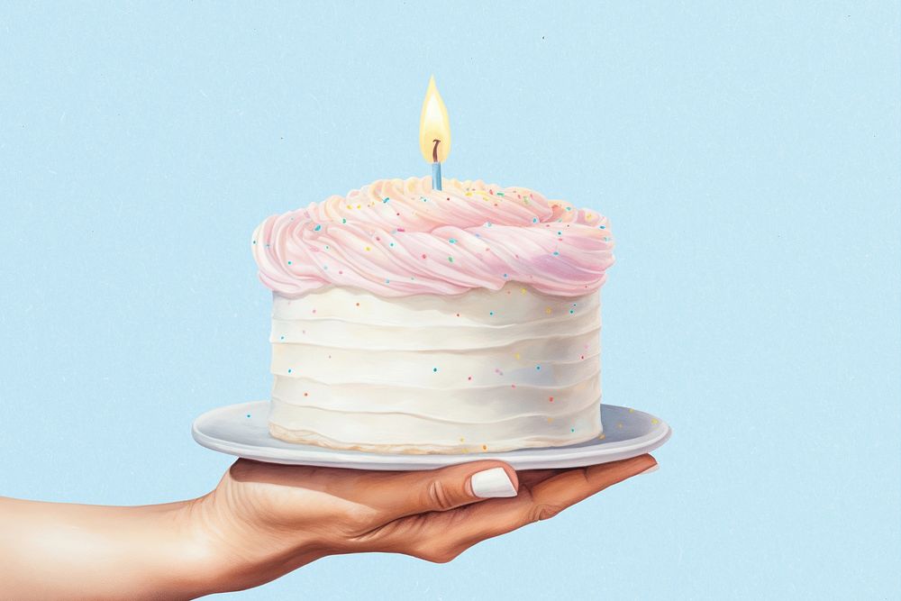 Hand holding birthday cake illustration, digital art