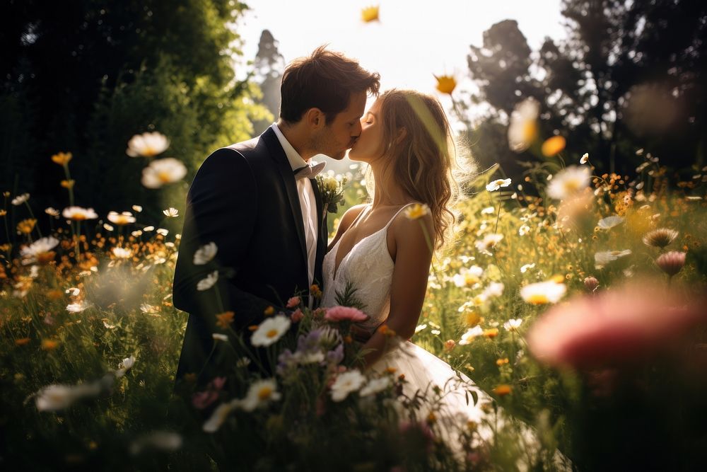 Wedding kissing flower dress. AI generated Image by rawpixel.