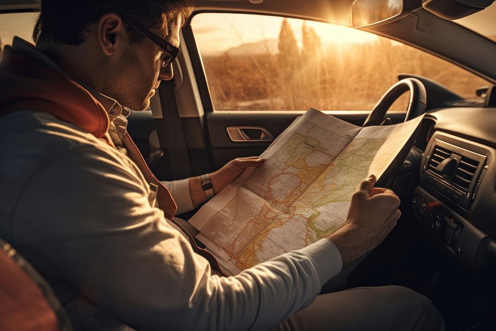 Man reading map in a car. 