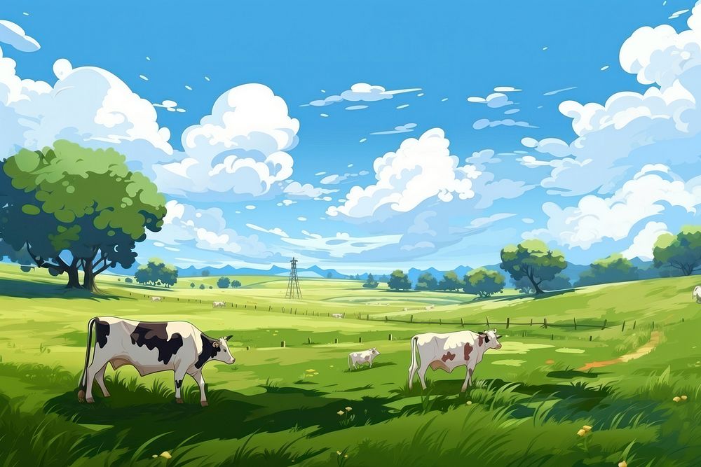 Field cow landscape grassland. AI generated Image by rawpixel.