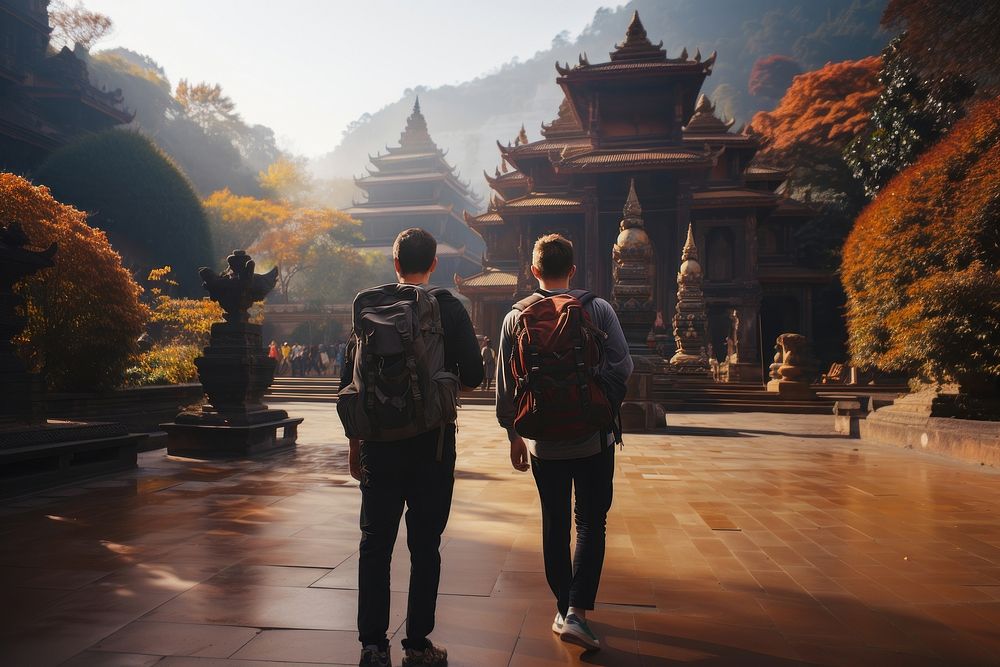 Backpack walking temple autumn. AI generated Image by rawpixel.