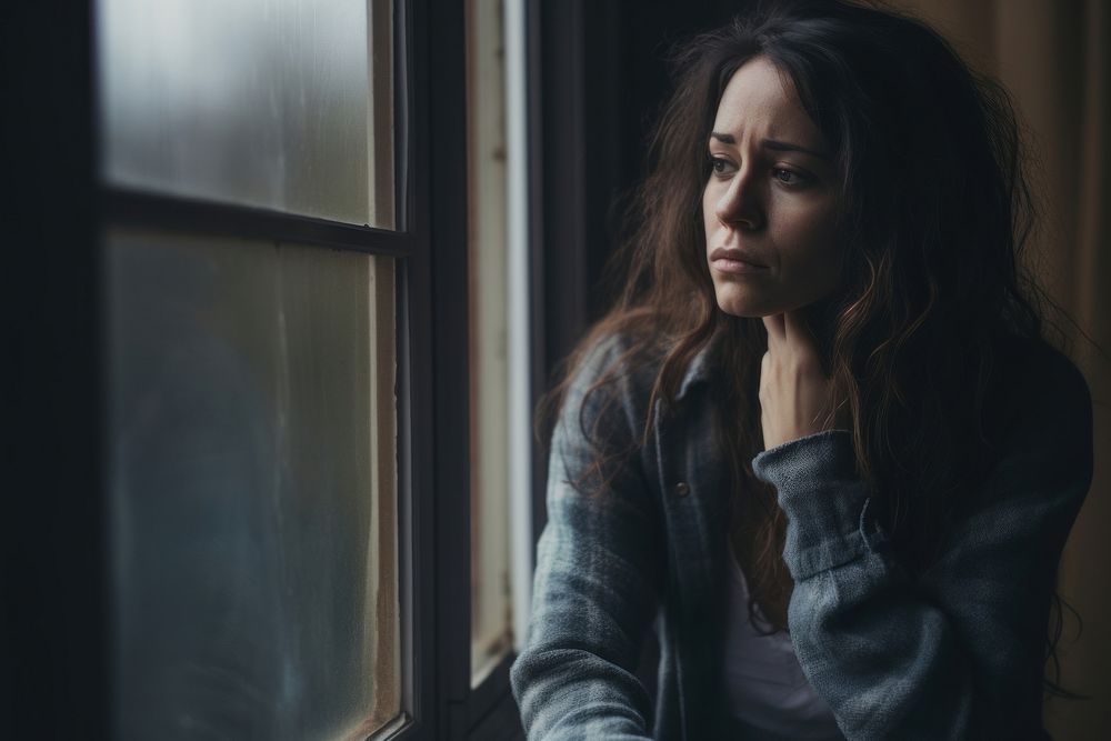 Worried woman looking out the window. AI generated Image by rawpixel.