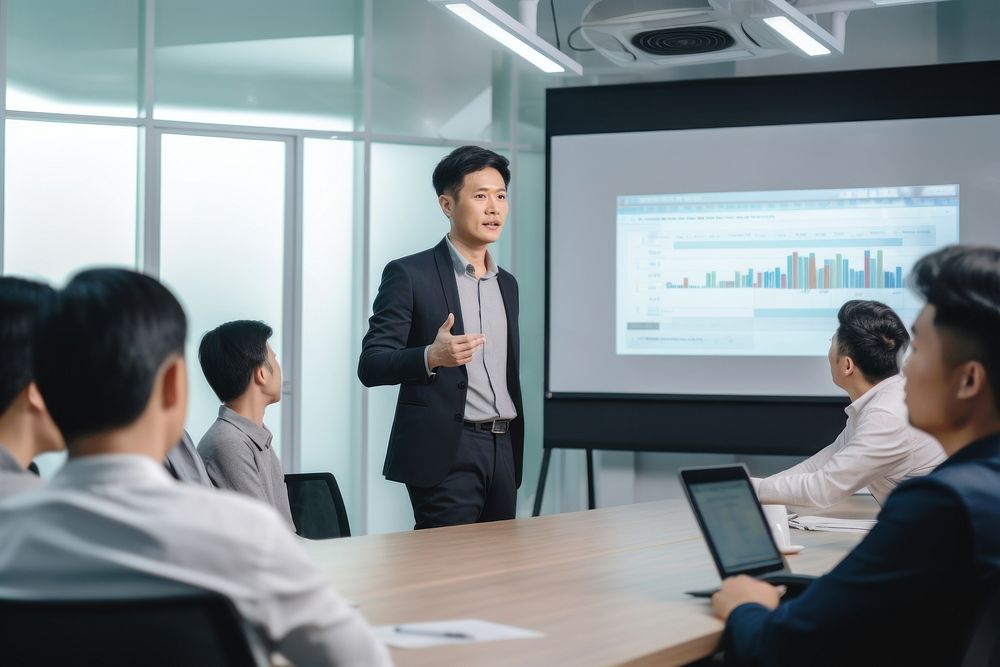 Standing computer meeting talking. AI generated Image by rawpixel.