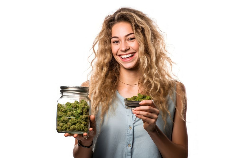 Jar cannabis smiling adult. AI generated Image by rawpixel.
