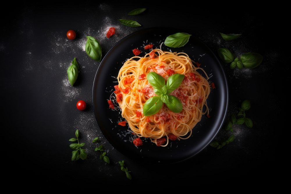 Pasta plate spaghetti basil. AI generated Image by rawpixel.