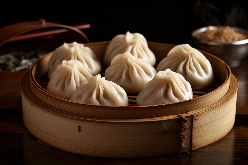 Dumpling steamed food wood. AI generated Image by rawpixel.