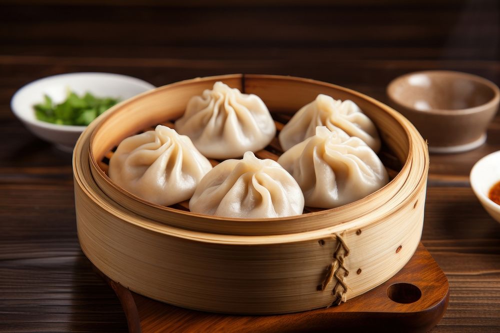 Dumpling steamed food wood. AI generated Image by rawpixel.