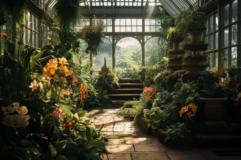 Greenhouse outdoors nature flower. AI generated Image by rawpixel.