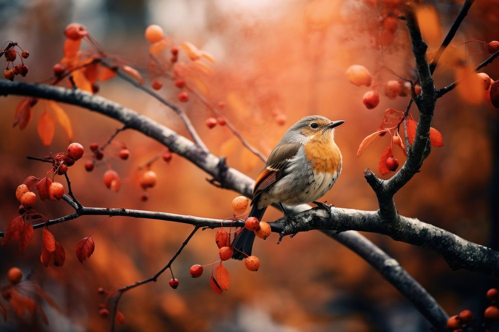 Bird autumn animal plant. AI generated Image by rawpixel.