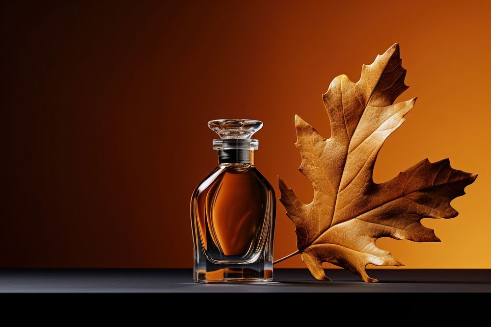 Perfume bottle leaf autumn. AI generated Image by rawpixel.