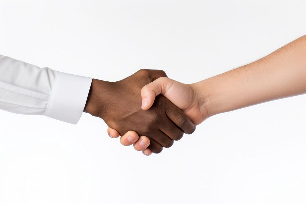 Hand handshake white background togetherness. 