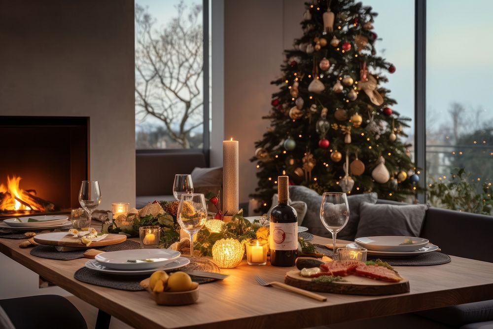 Fireplace christmas table food. AI generated Image by rawpixel.