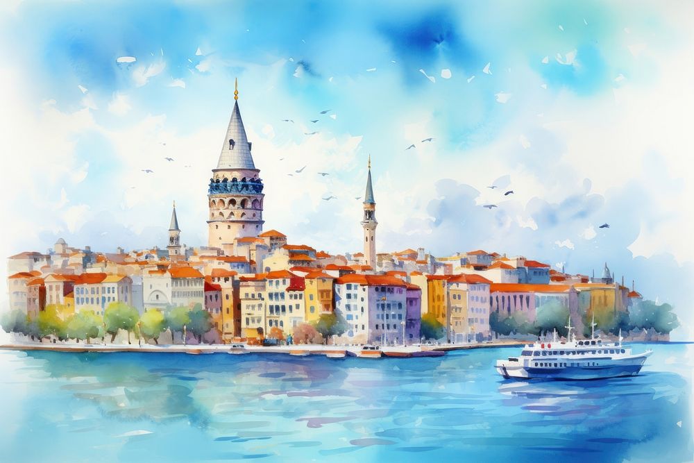 Tower architecture waterfront painting. AI generated Image by rawpixel.