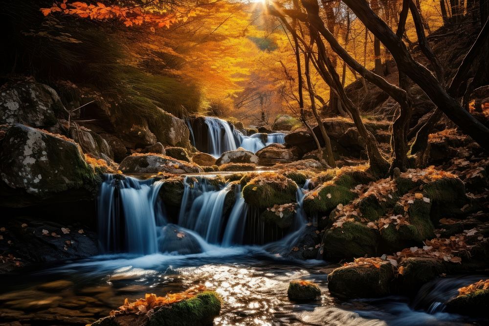 Waterfall autumn outdoors nature. AI generated Image by rawpixel.