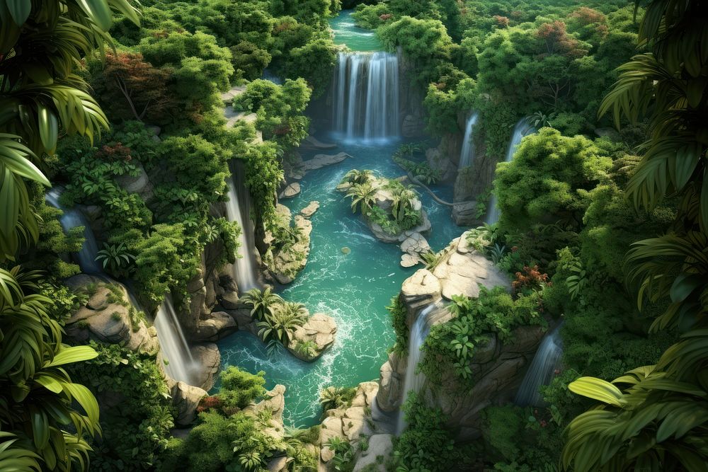 Waterfall forest vegetation landscape. AI generated Image by rawpixel.