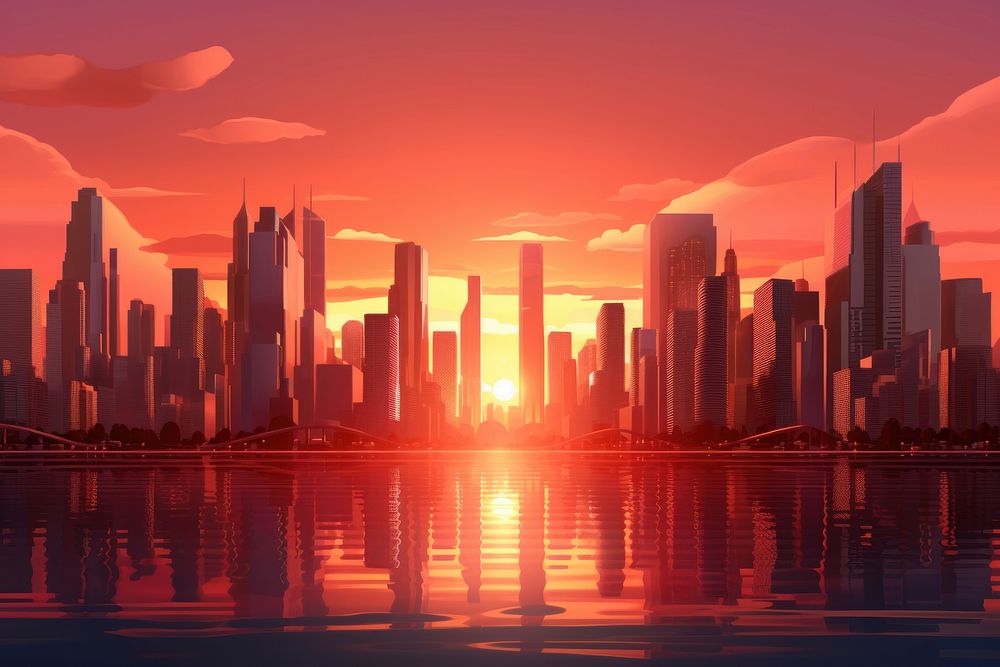 Sunset city architecture landscape.