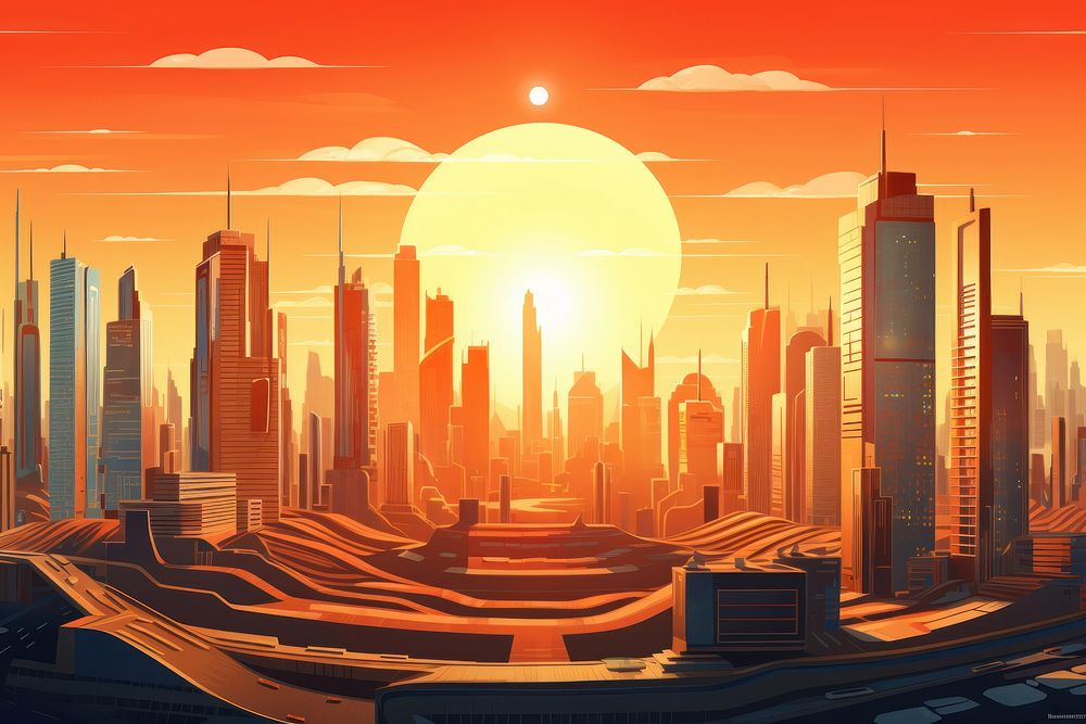 Sunset city architecture cityscape. AI generated Image by rawpixel.