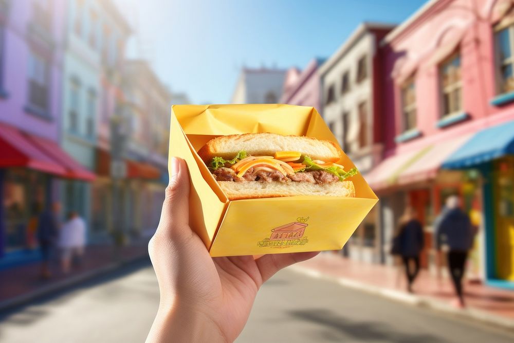 Sandwich holding street yellow. AI generated Image by rawpixel.