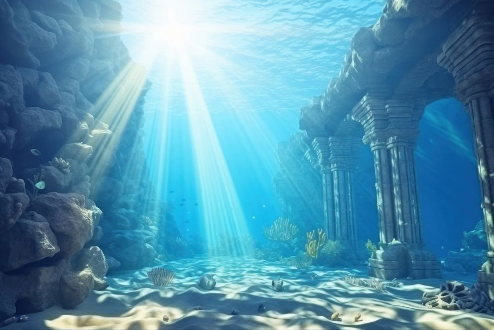Underwater outdoors sunbeam ancient. AI generated Image by rawpixel.