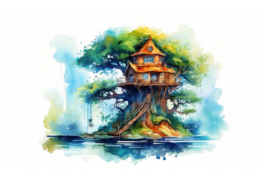 Architecture outdoors painting nature. AI generated Image by rawpixel.