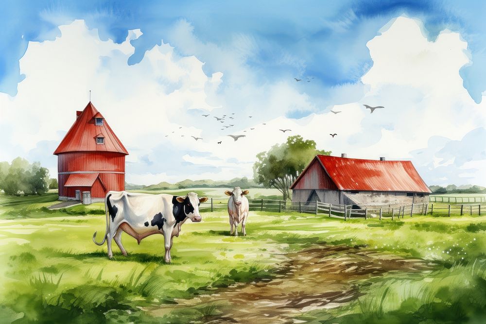 Farm architecture grassland livestock. AI generated Image by rawpixel.