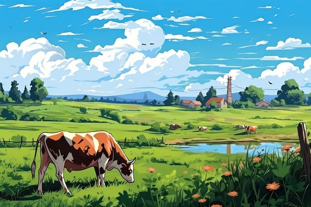 Grazing cow landscape grassland. 