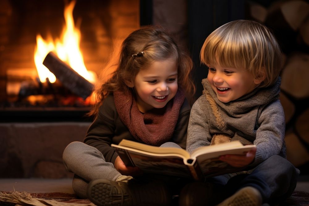 Fireplace child publication reading. AI generated Image by rawpixel.