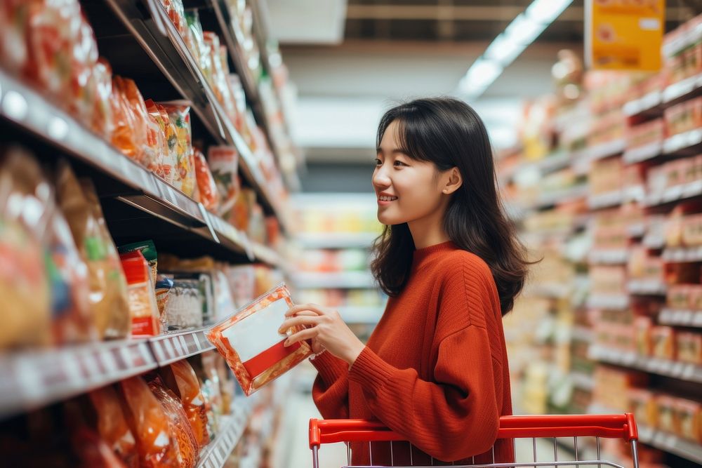 Supermarket choosing shelf adult. 