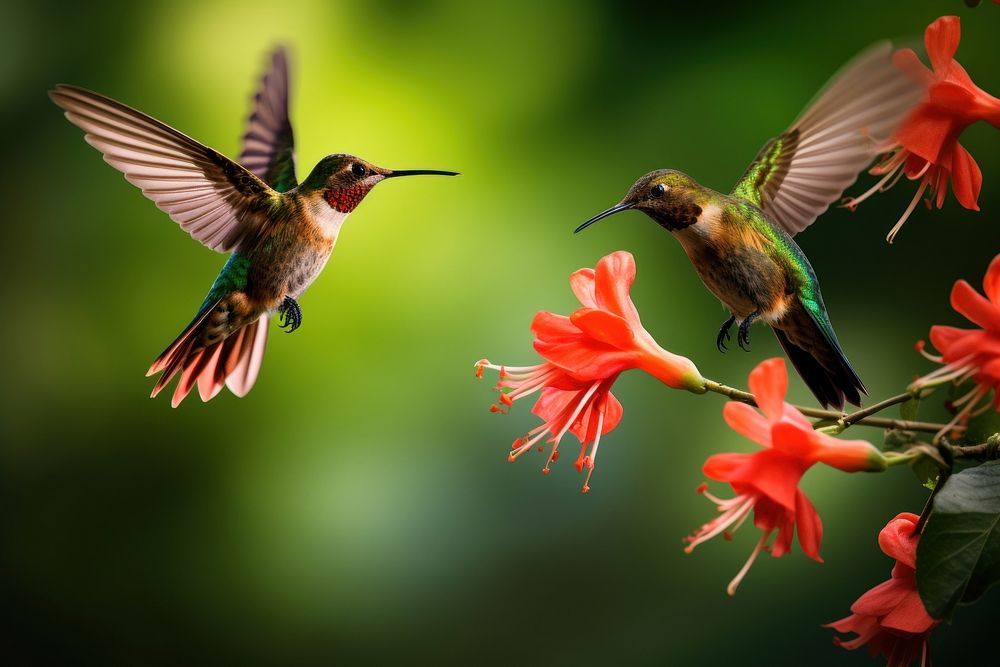 Hummingbird animal flower flying. AI generated Image by rawpixel.