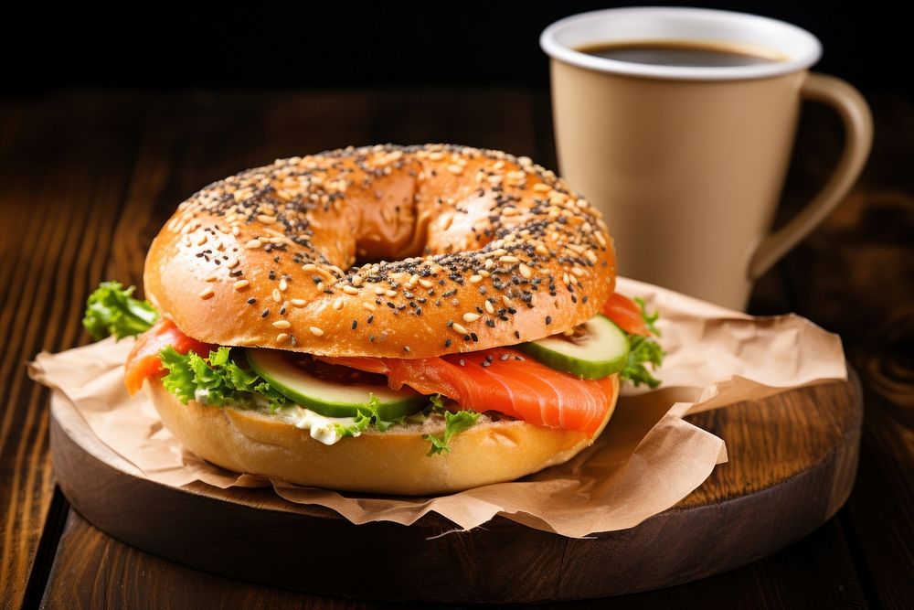 Bagel cup salmon coffee. 