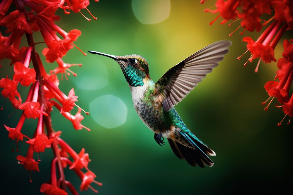 Hummingbird animal flower green. AI generated Image by rawpixel.