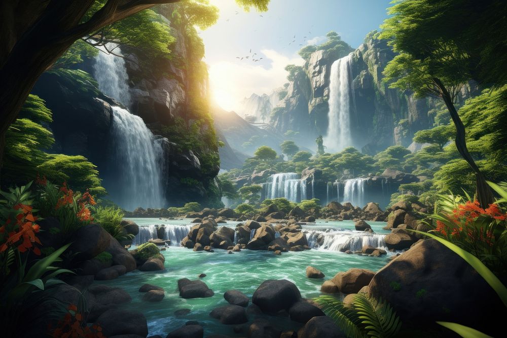 Waterfall forest vegetation landscape. AI generated Image by rawpixel.