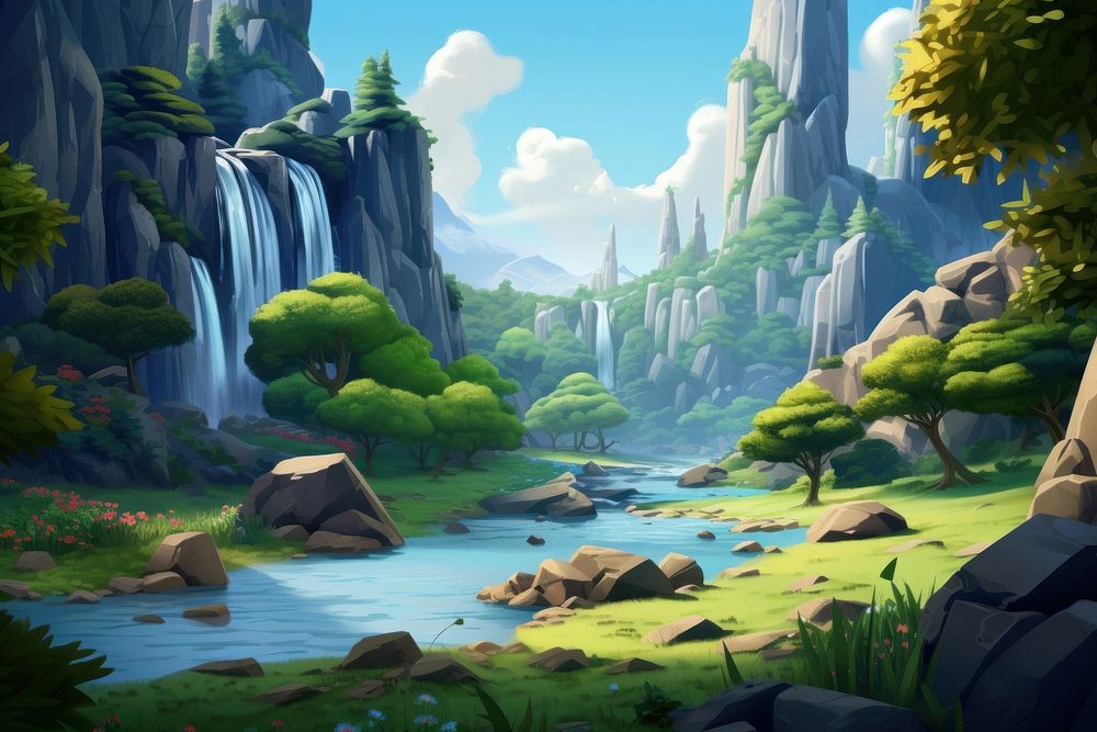 Landscape waterfall outdoors cartoon. AI generated Image by rawpixel.