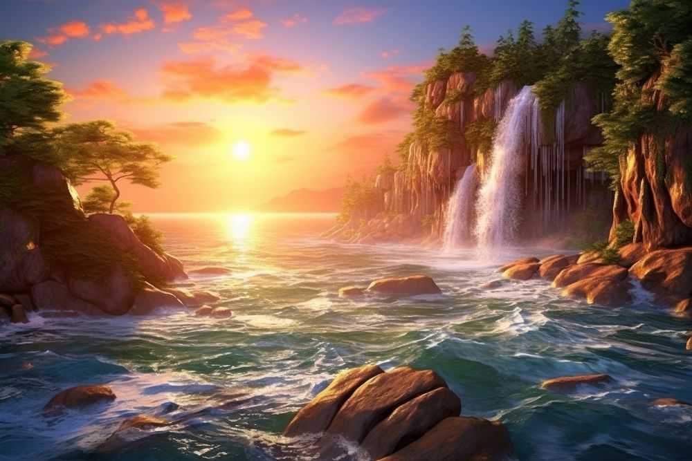Waterfall sea landscape sunlight. AI generated Image by rawpixel.