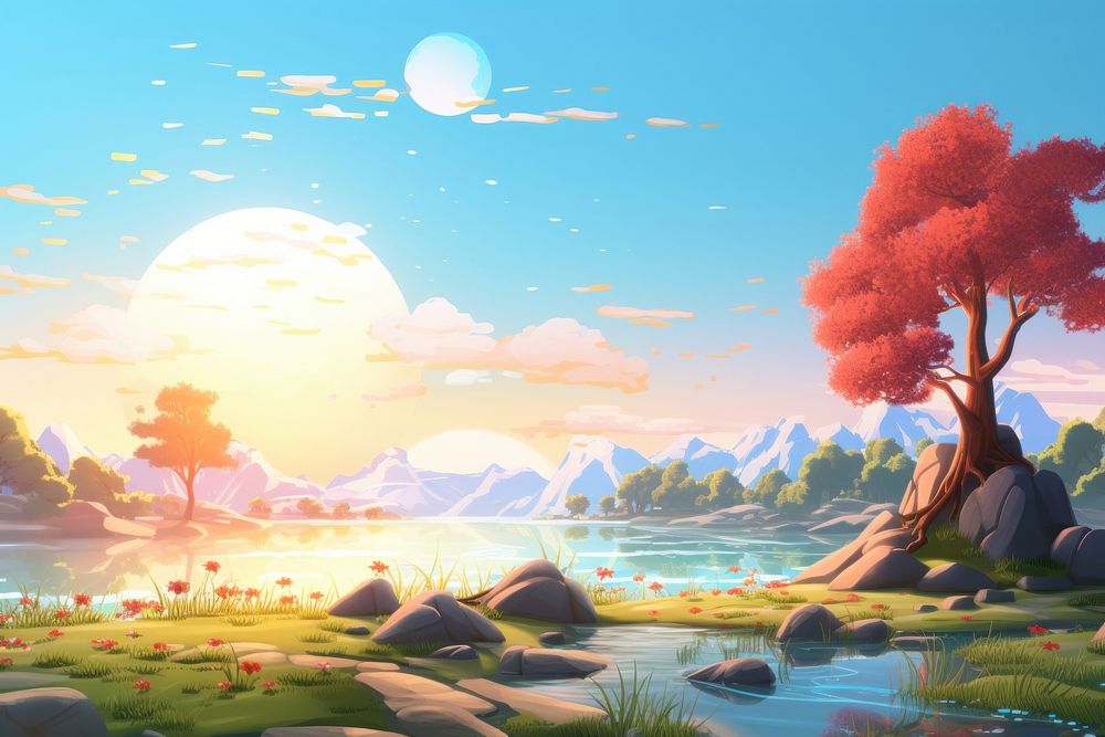 Landscape outdoors painting cartoon. AI generated Image by rawpixel.