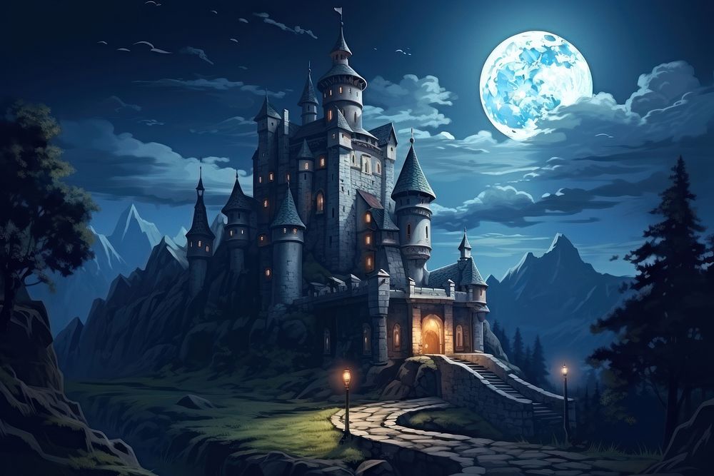 Castle night moon architecture. AI generated Image by rawpixel.