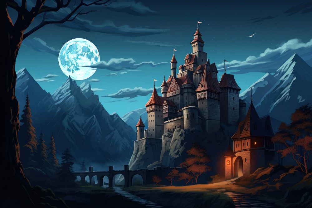 Castle night moon architecture. AI generated Image by rawpixel.