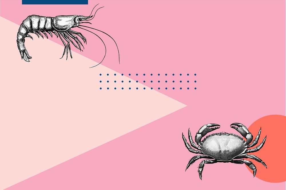 Pink abstract geometric background, prawn and crab border