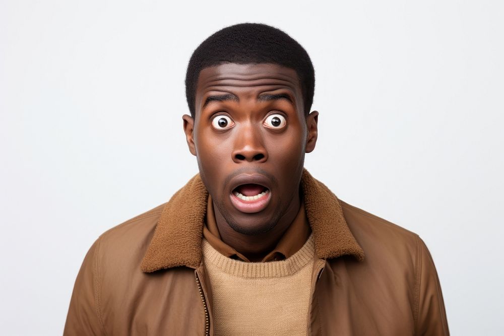 Black man getting frightened portrait adult white background. AI generated Image by rawpixel.