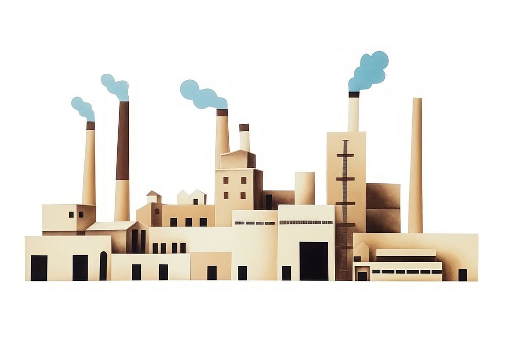 Factory architecture smoke white background. AI generated Image by rawpixel.